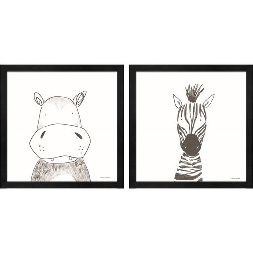 Hippo & Zebra Line Drawing by Rachel Nieman, 2 Piece Black Framed Art Set