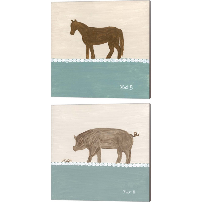Out to Pasture - Brown Horse & Pig by Kathleen Bryan, 2 Piece Canvas Art Set