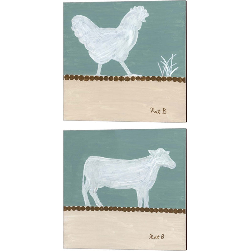 Out to Pasture - White Chicken & Cow by Kathleen Bryan, 2 Piece Canvas Art Set