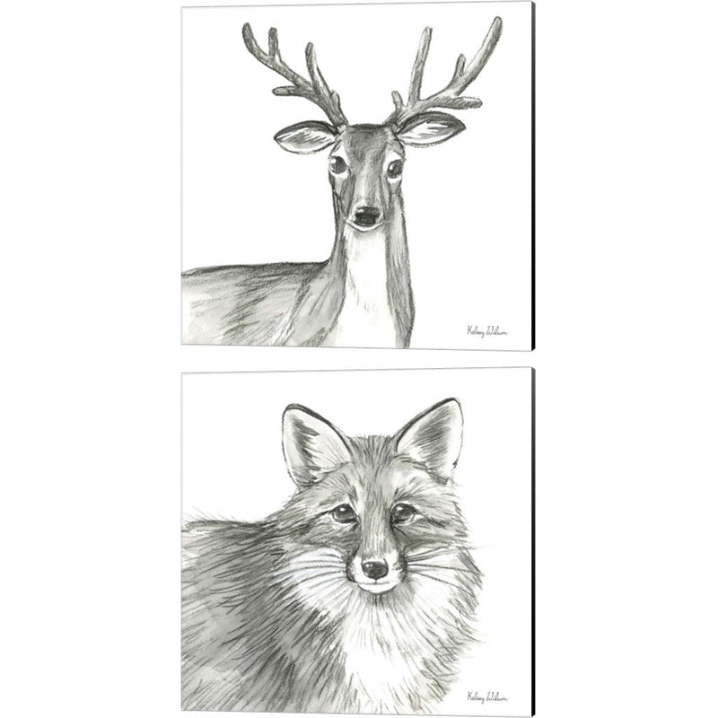 Watercolor Pencil Forest (Deer & Fox) by Kelsey Wilson, 2 Piece Canvas Art Set