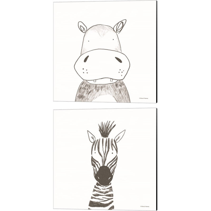 Hippo & Zebra Line Drawing by Rachel Nieman, 2 Piece Canvas Art Set