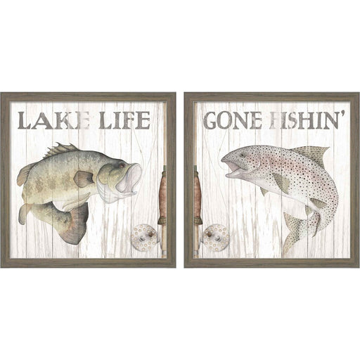 Lake Fishing by Wild Apple Portfolio, 2 Piece Rustic Grey Framed Art Set
