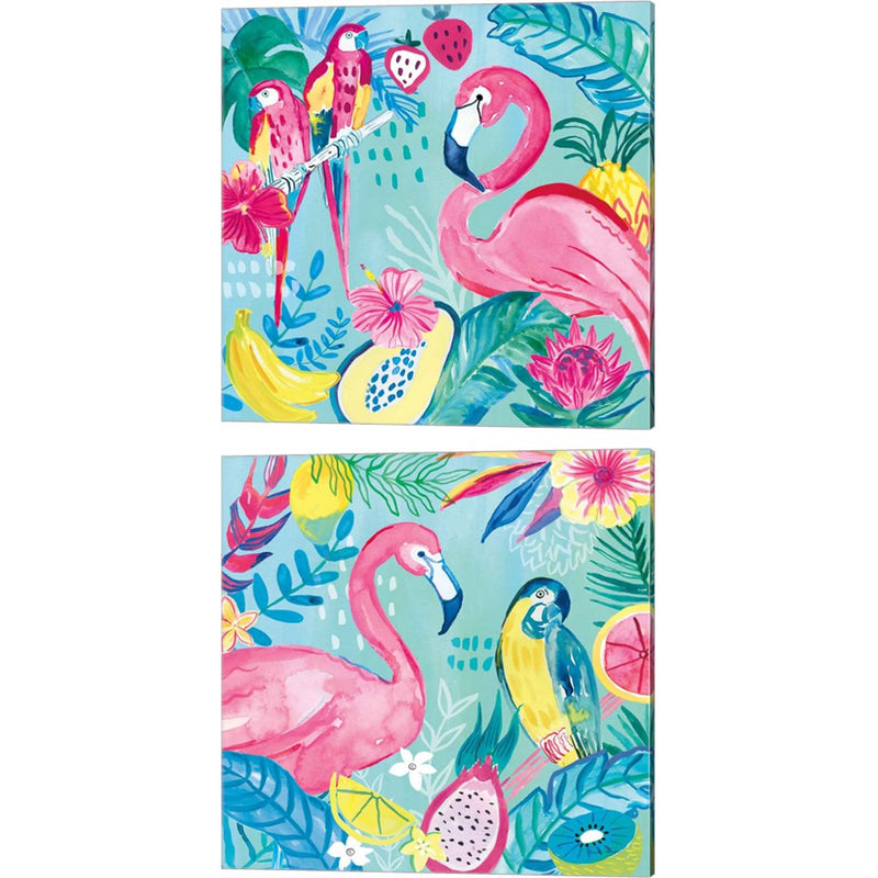 Fruity Flamingos A by Farida Zaman, 2 Piece Canvas Art Set