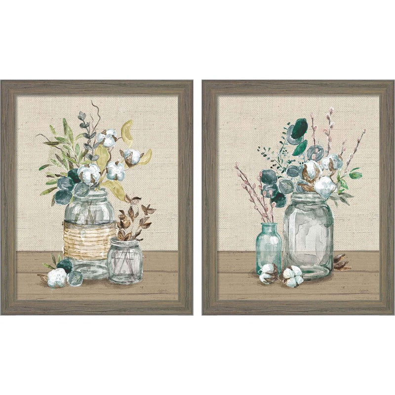 Cotton Bouquet No Pattern by Mary Urban, 2 Piece Rustic Gray Framed Art Set