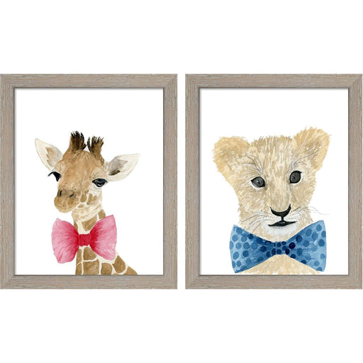 Giraffe & Lion With Bow Tie by Lucille Price, 2 Piece Rustic White Framed Art Set