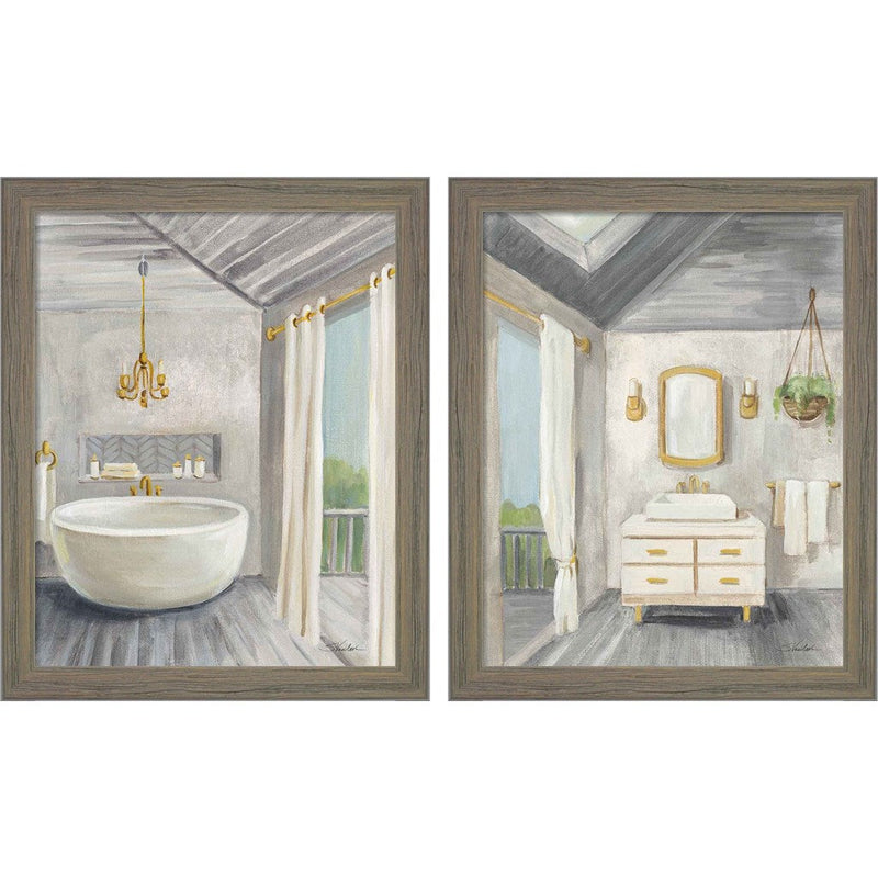 Attic Bathroom Gray by Silvia Vassileva, 2 Piece Rustic Gray Framed Art Set