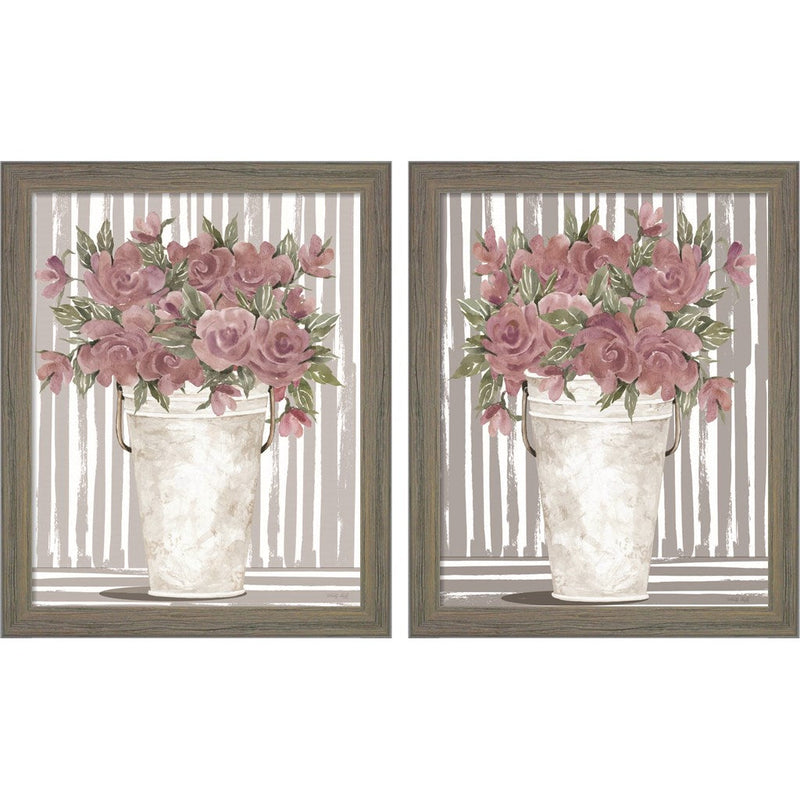 Pink Posies by Cindy Jacobs, 2 Piece Rustic Gray Framed Art Set