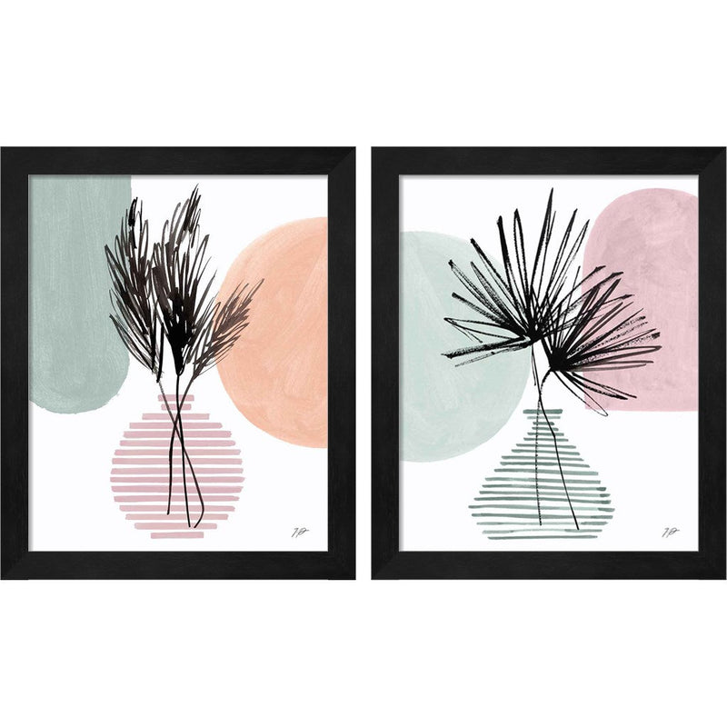 Pampas Stem & Fan Leaves Still Life by Karyn Panganiban, 2 Piece Black Framed Art Set