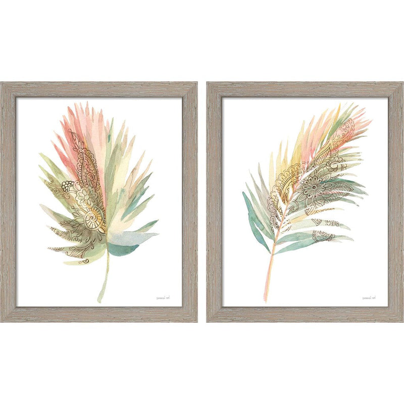 Boho Tropical Leaf on White A by Danhui Nai, 2 Piece Rustic White Framed Art Set