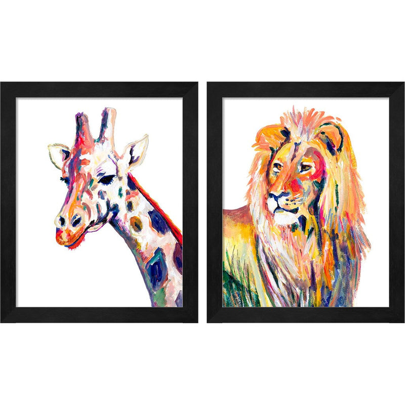 Colorful Giraffe & Lion on White by Andy Beauchamp, 2 Piece Black Framed Art Set