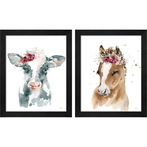 Floral Cow & Pony by Katrina Pete, 2 Piece Black Framed Art Set