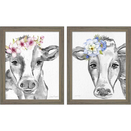 Floral Cow by Jean Plout, 2 Piece Rustic Gray Framed Art Set