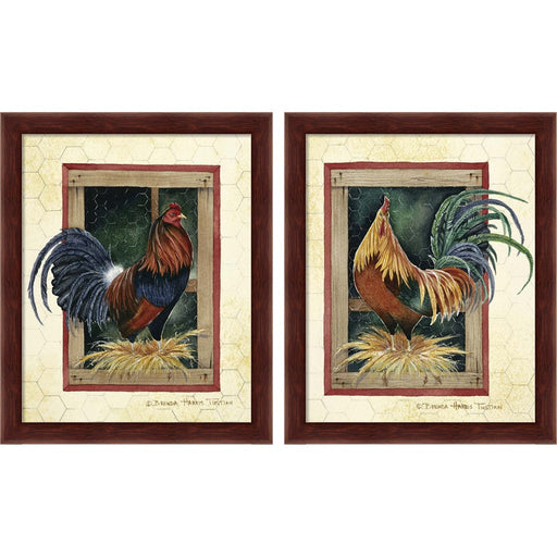 Blue & Green Rooster by Brenda Tustian, 2 Piece Brown Framed Art Set