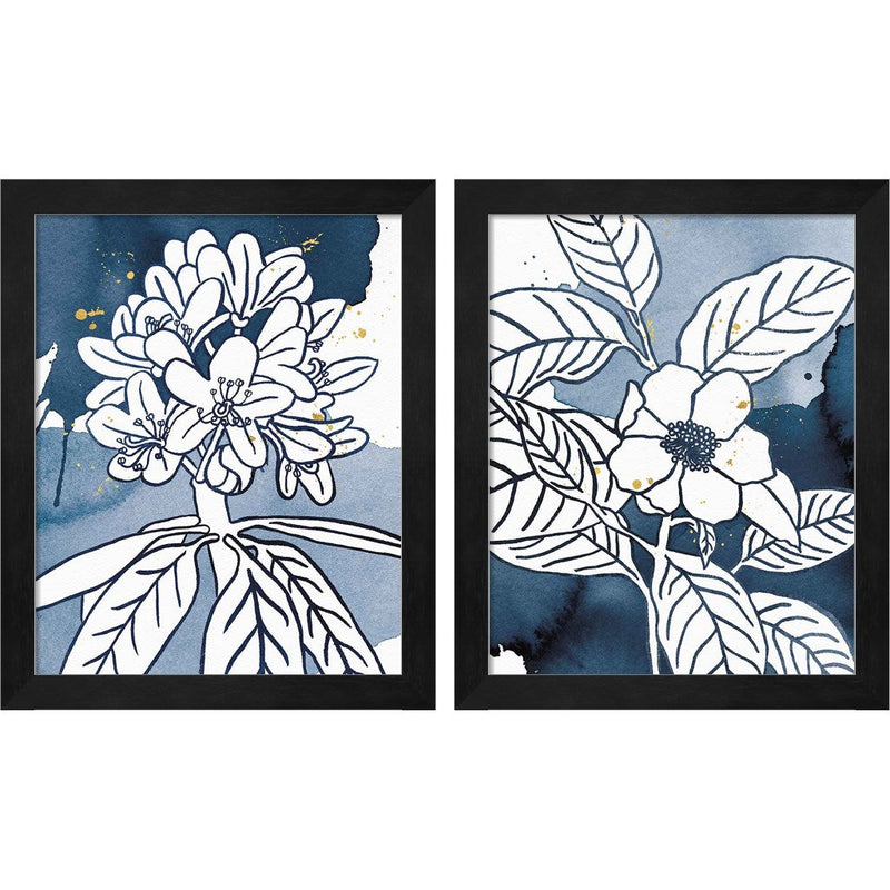Indigo Blooms by Wild Apple Portfolio, 2 Piece Black Framed Art Set