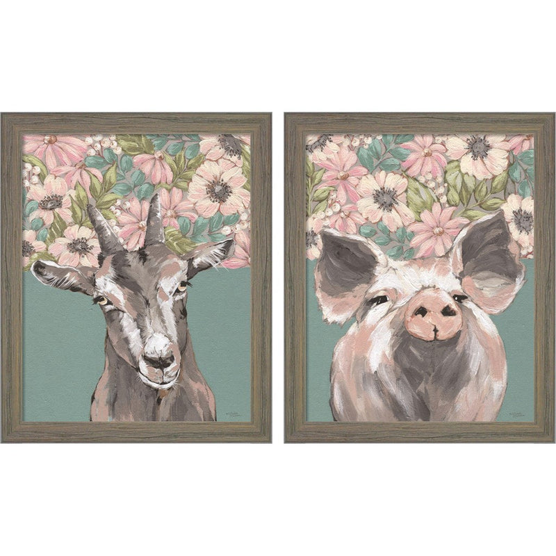Gertie the Goat & Patrice the Pig by Michele Norman, 2 Piece Rustic Gray Framed Art Set