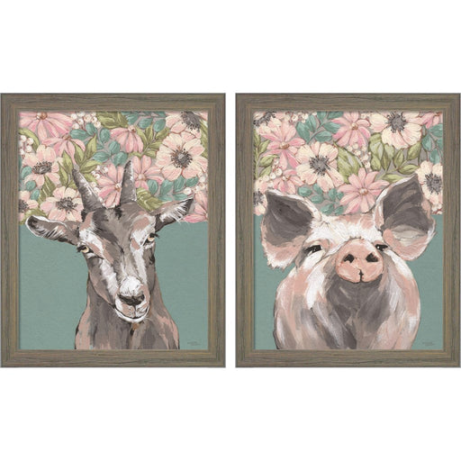 Gertie the Goat & Patrice the Pig by Michele Norman, 2 Piece Rustic Gray Framed Art Set