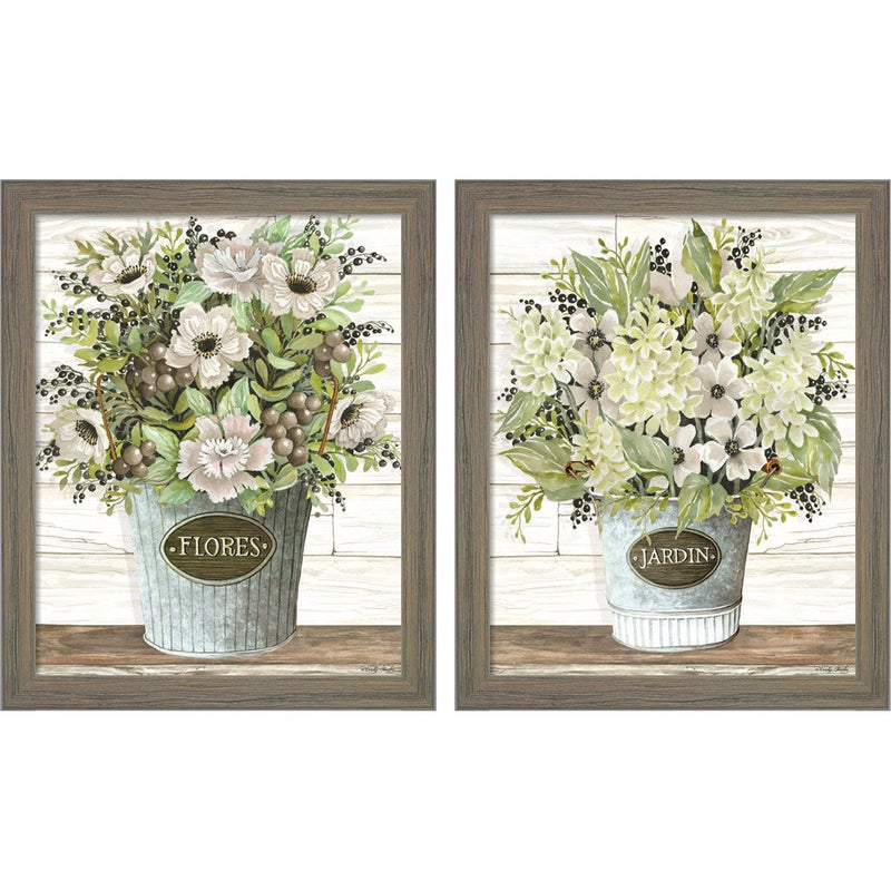 Flores & Jardin Galvanized Bucket by Cindy Jacobs, 2 Piece Rustic Gray Framed Art Set