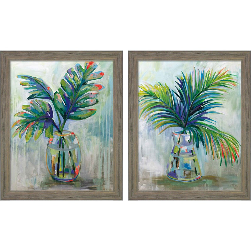 Palm Leaves Red by Jeanette Vertentes, 2 Piece Rustic Gray Framed Art Set