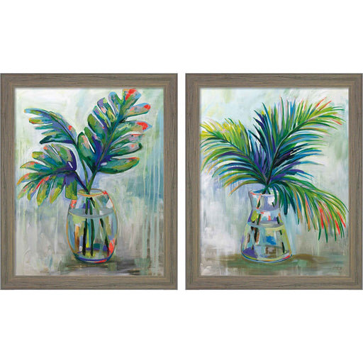Palm Leaves Red by Jeanette Vertentes, 2 Piece Rustic Gray Framed Art Set