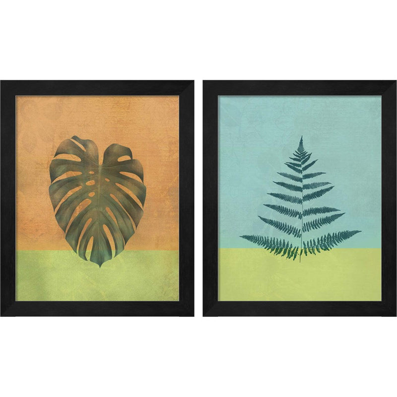 Orange Leaf & Aqua Fern by JMB Designs, 2 Piece Black Framed Art Set