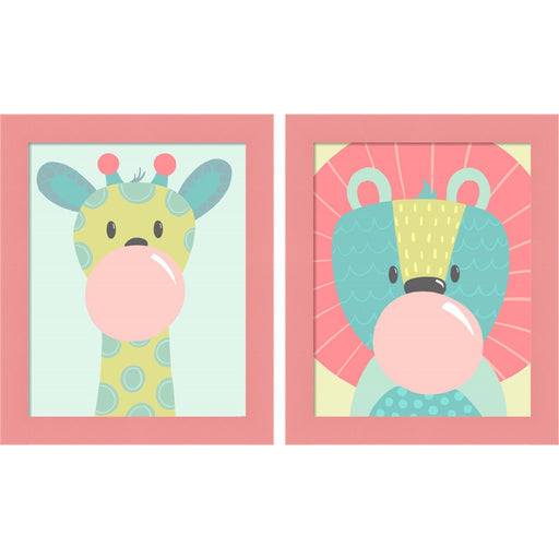 Kid Giraffe & Lion by Kyra Brown, 2 Piece Pink Framed Art Set