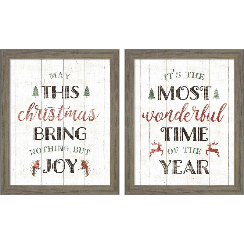 Christmas Joy & Wonderful Time by Wild Apple Portfolio, 2 Piece Rustic Gray Framed Art Set