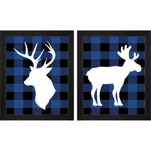 Plaid Deer & Moose by Tamara Robinson, 2 Piece Black Framed Art Set