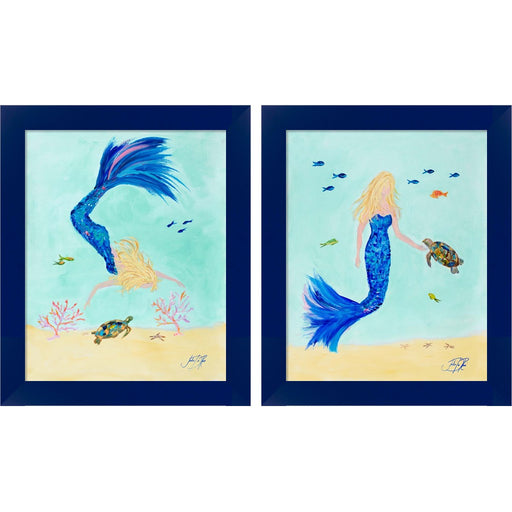 Mermaid and Sea Turtle by Julie DeRice, 2 Piece Blue Framed Art Set