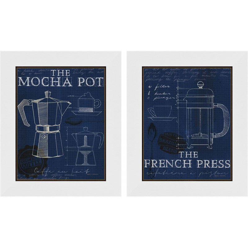 Coffee Blueprint Indigo by Marco Fabiano, 2 Piece White Framed Art Set