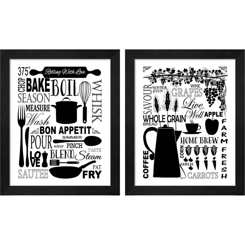Culinary Love (black & white) by Leslie Fuqua, 2 Piece Black Framed Art Set