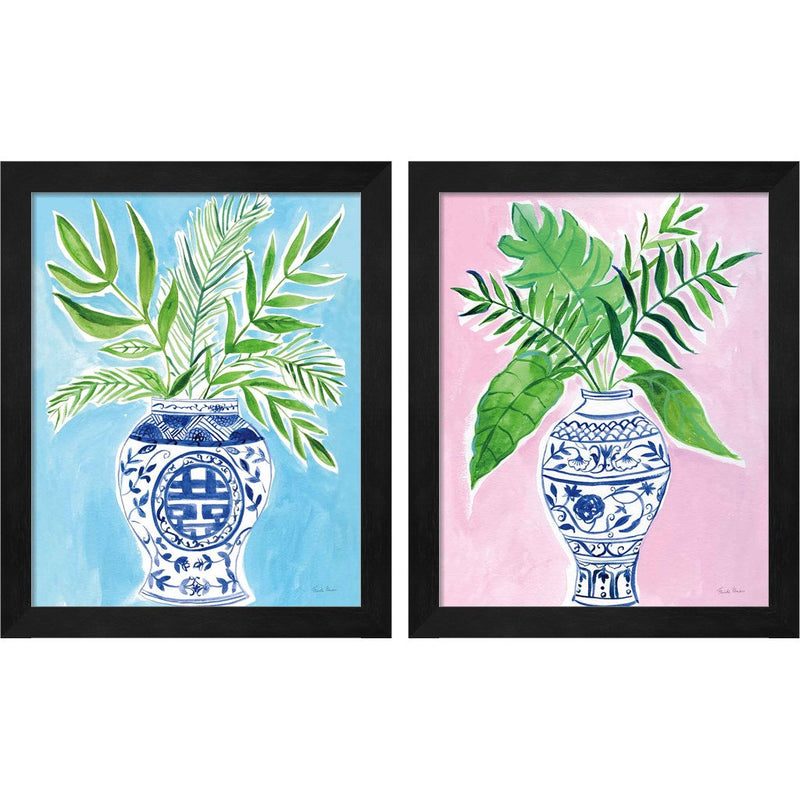 Elegant Chinoiserie Crop by Farida Zaman, 2 Piece Black Framed Art Set