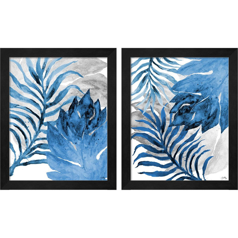 Blue Fern and Leaf by Elizabeth Medley, 2 Piece Black Framed Art Set