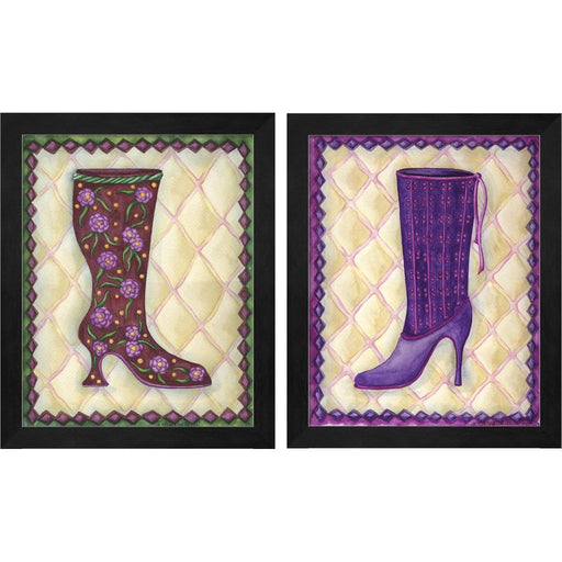 Boots Magenta With Roses With Leaves & Boots Purple With Tiny Flowers by Andrea Strongwater, 2 Piece Black Framed Art Set