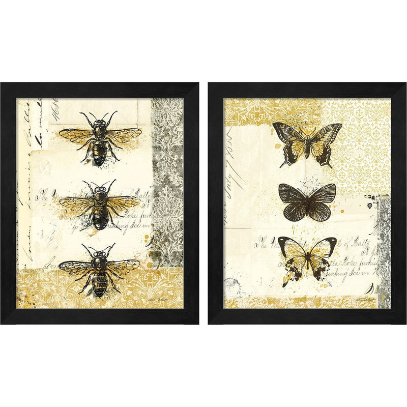 Golden Bees n Butterflies by Katie Pertiet, 2 Piece Black Framed Art Set