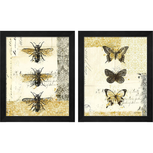 Golden Bees n Butterflies by Katie Pertiet, 2 Piece Black Framed Art Set