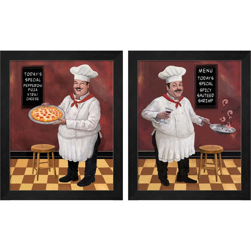 Pizza Chef Master & Shrimp Chef by Frank Harris, 2 Piece Black Framed Art Set