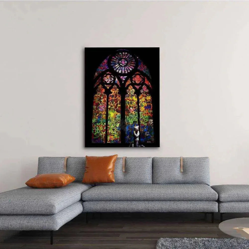 Banksy Stained Glass Graffiti Street Art Canvas 24x36 Framed