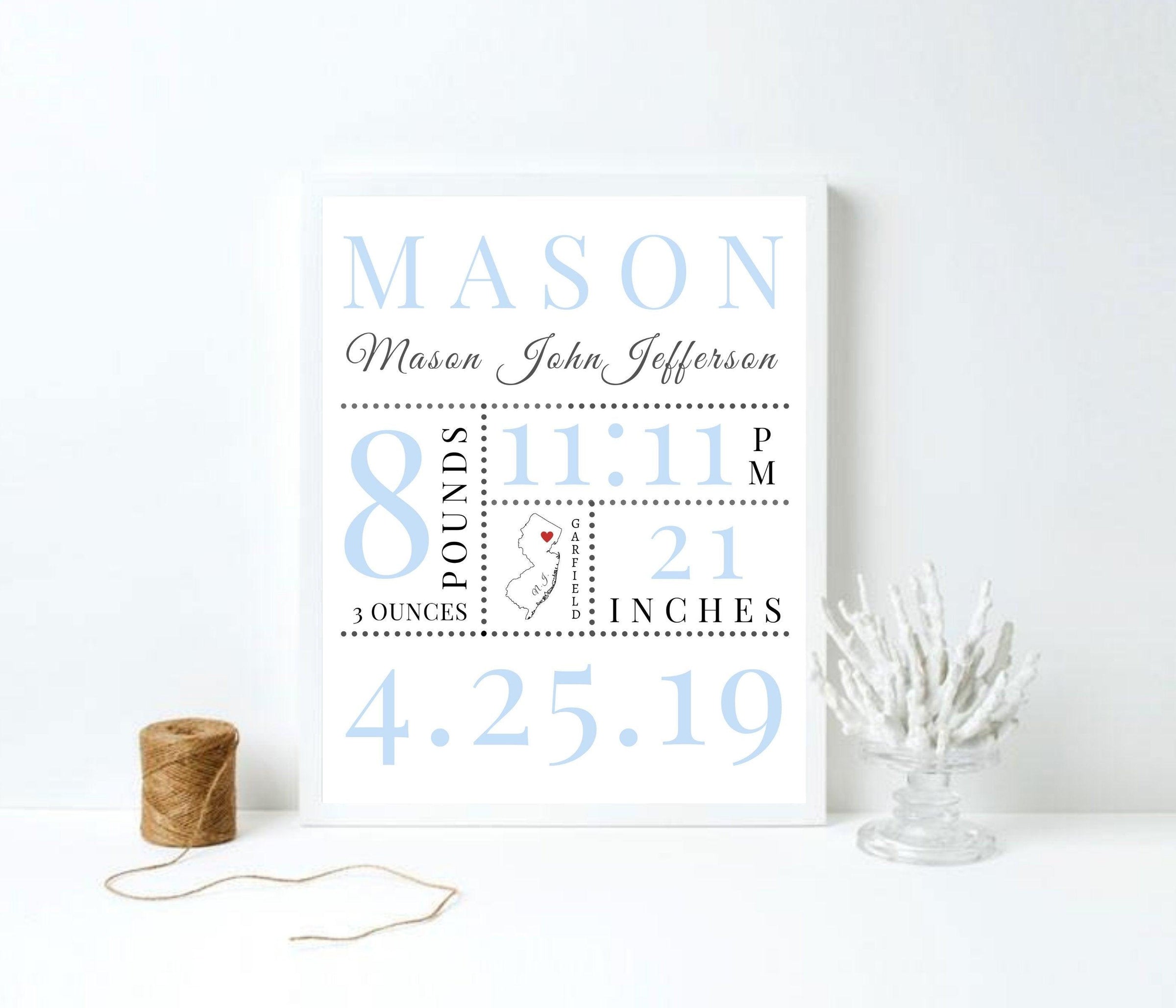 Framed Baby boy Birth Stats sheet Sign art picture frame Newborn Gift Decor
