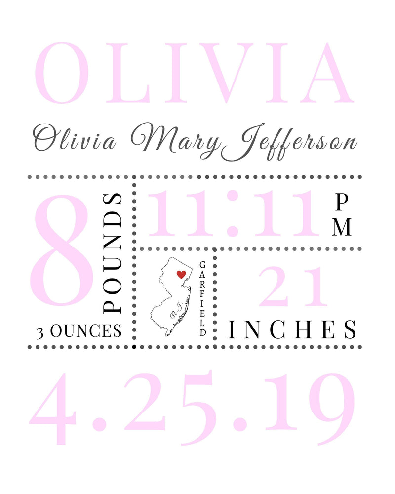 Baby birth stat sign custom Personalized wall art Nursery room Decor - Modern Memory Design Picture frames - New Jersey Frame shop custom framing