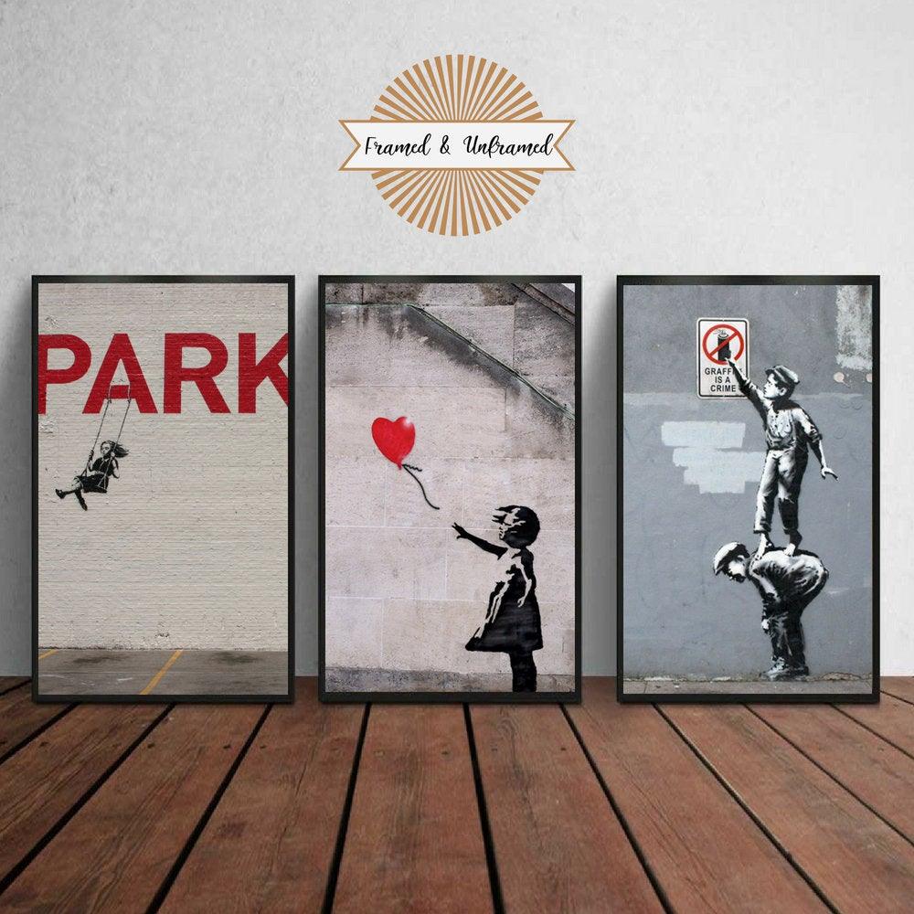 Framed Banksy Graffiti Canvas Art Set of 3 - Urban Street Art Decor