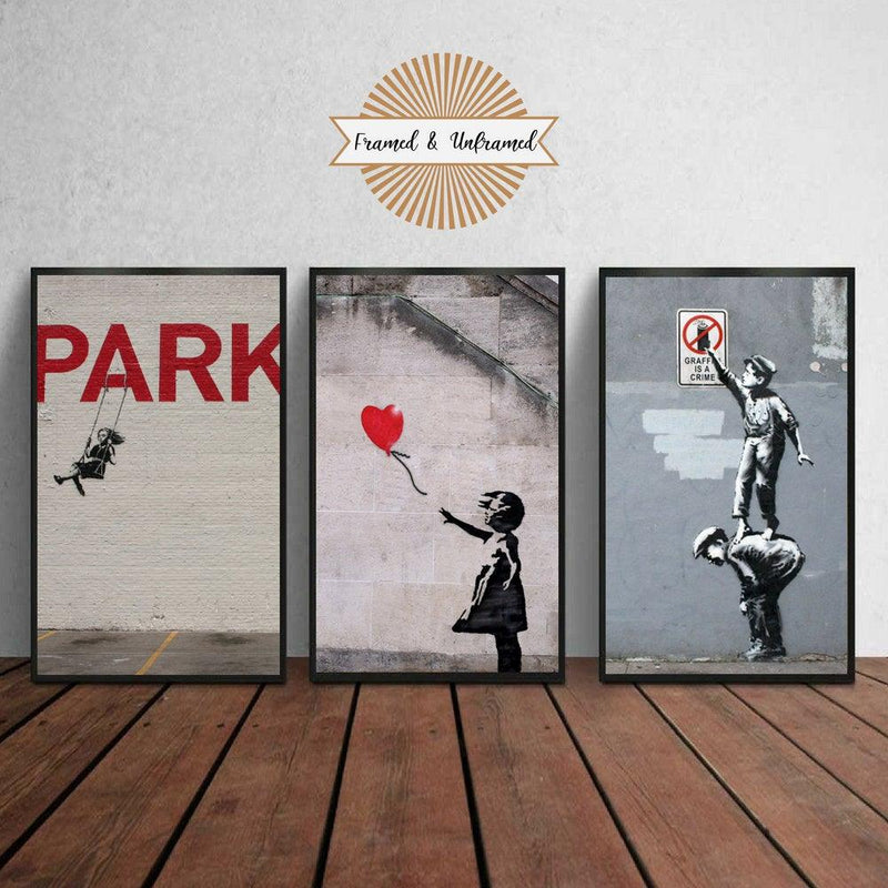 Banksy Canvas Prints and black Framed Wal Art Prints set of 3 - Modern Memory Design Picture frames - New Jersey Frame shop custom framing