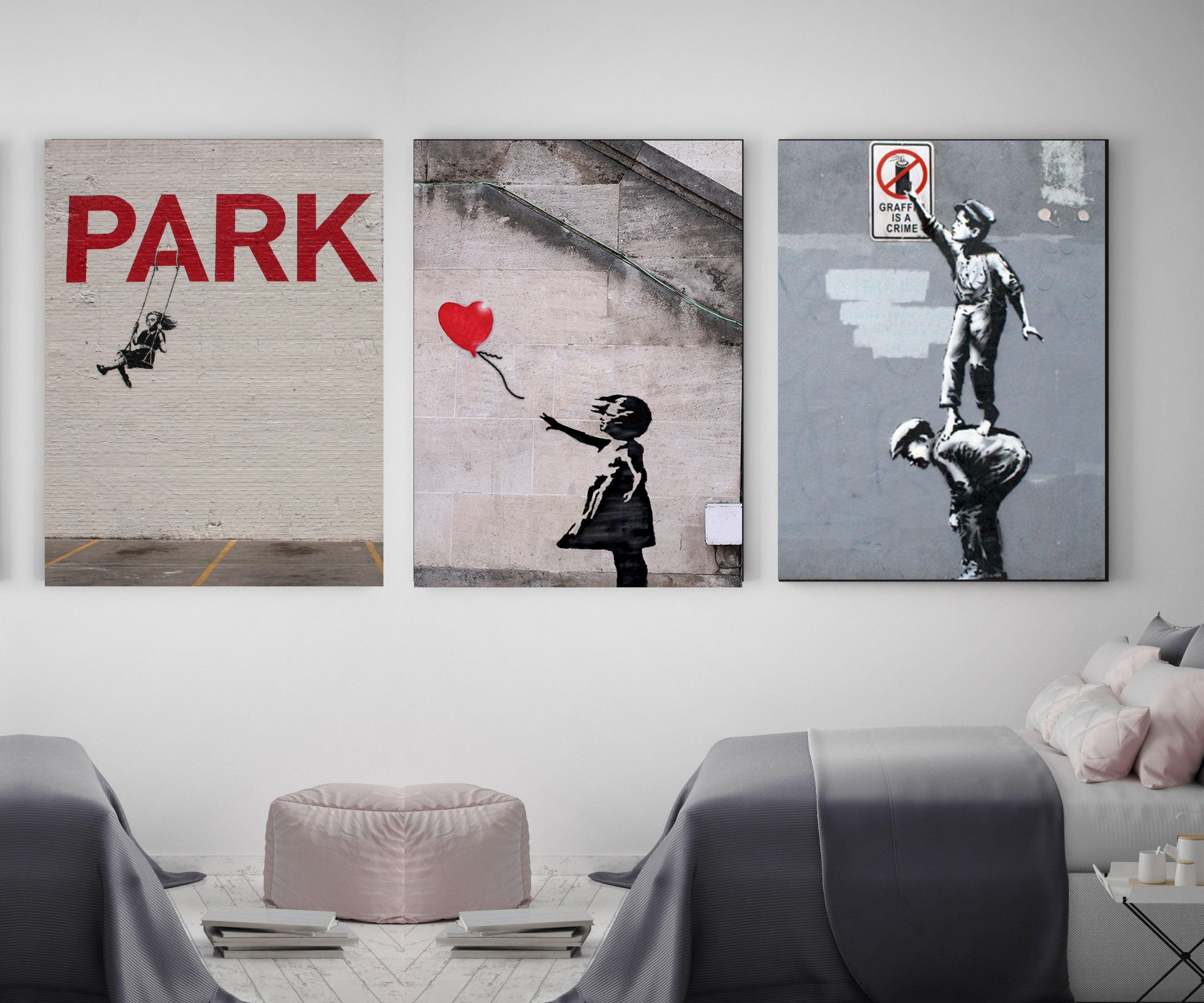 Framed Banksy Graffiti Canvas Art Set of 3 - Urban Street Art Decor