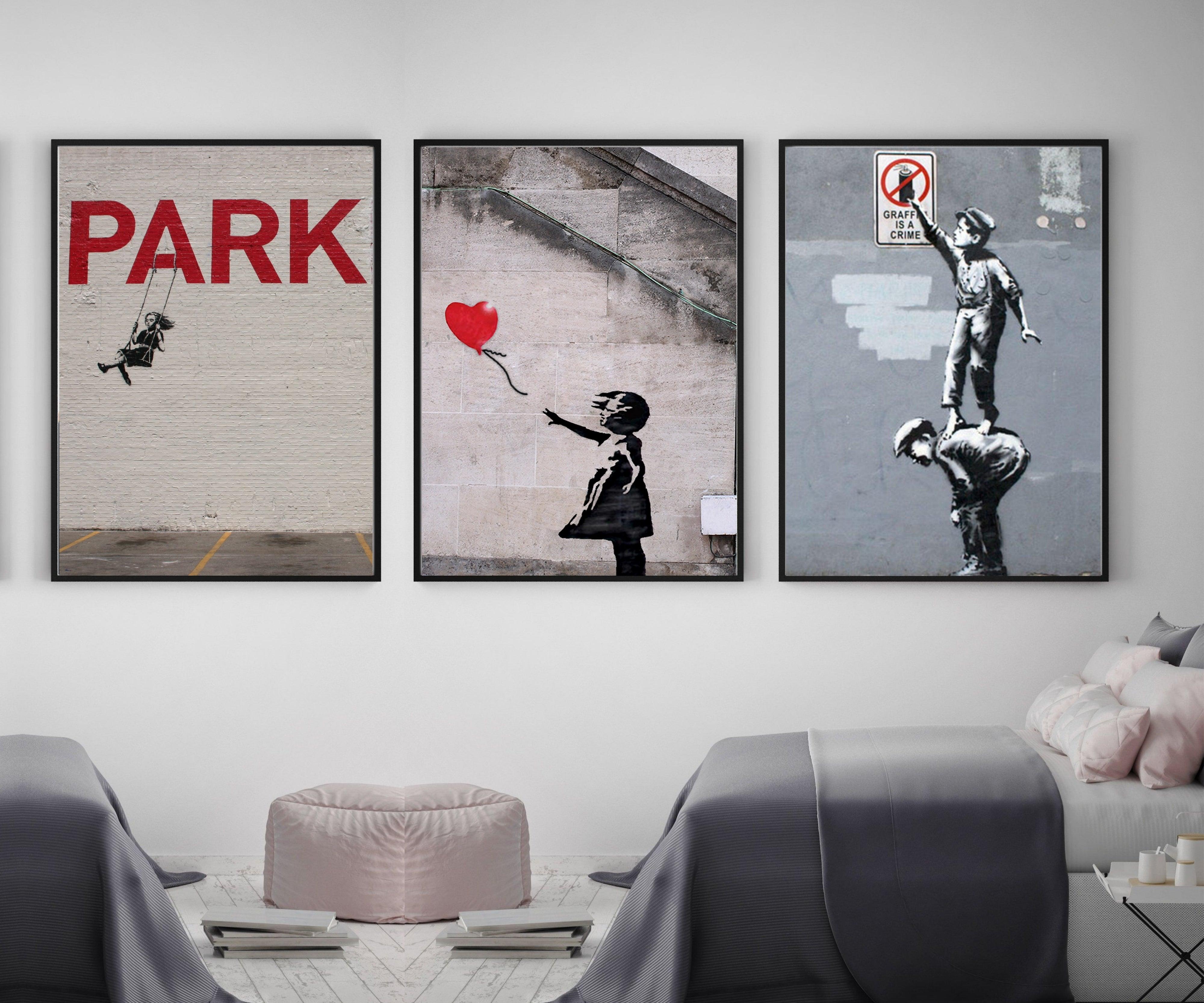 Framed Banksy Graffiti Canvas Art Set of 3 - Urban Street Art Decor