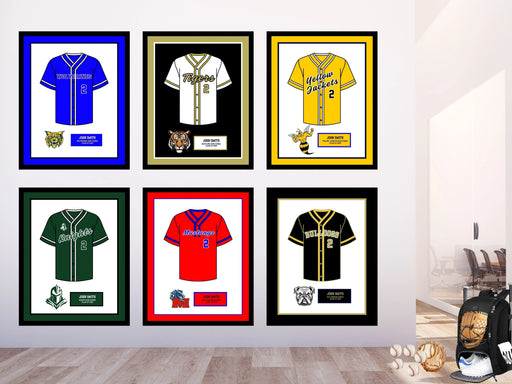 Custom framed sports jerseys displayed on wall for coaching milestones