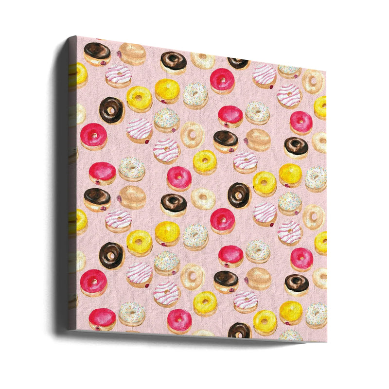 Watercolor donuts pattern in pink by Rosana Laiz Blursbyai Square Canvas Print Art for Modern Home Decor. Decorate your office or living room with canvas artwork