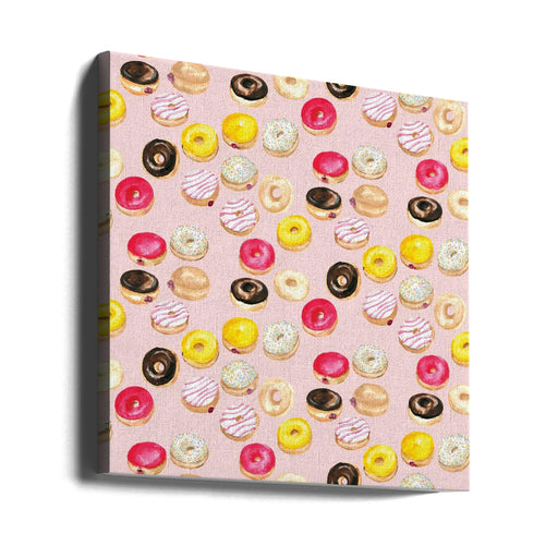 Watercolor donuts pattern in pink by Rosana Laiz Blursbyai Square Canvas Print Art for Modern Home Decor. Decorate your office or living room with canvas artwork