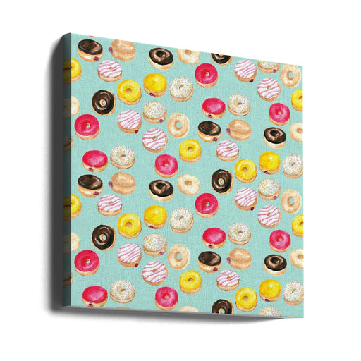Watercolor donuts pattern in aqua by Rosana Laiz Blursbyai Square Canvas Print Art for Modern Home Decor. Decorate your office or living room with canvas artwork