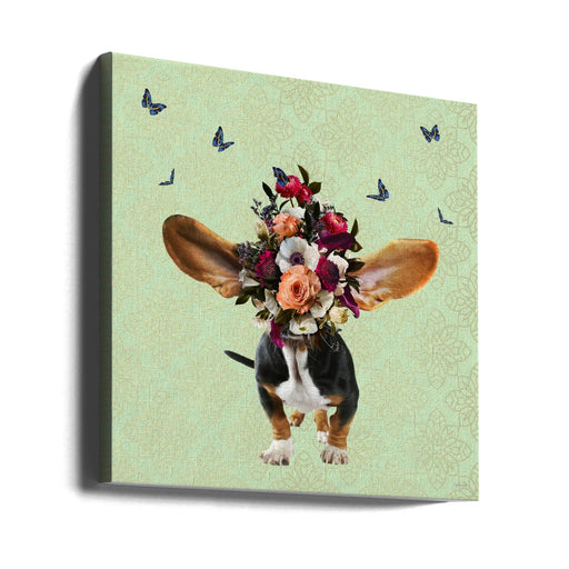 Spring Flower Bonnet On Doggy by Sue Skellern Square Canvas Print Art for Modern Home Decor. Decorate your office or living room with canvas artwork