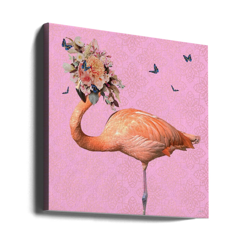Spring Flower Bonnet On Flamingo by Sue Skellern Square Canvas Print Art for Modern Home Decor. Decorate your office or living room with canvas artwork