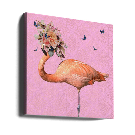 Spring Flower Bonnet On Flamingo by Sue Skellern Square Canvas Print Art for Modern Home Decor. Decorate your office or living room with canvas artwork